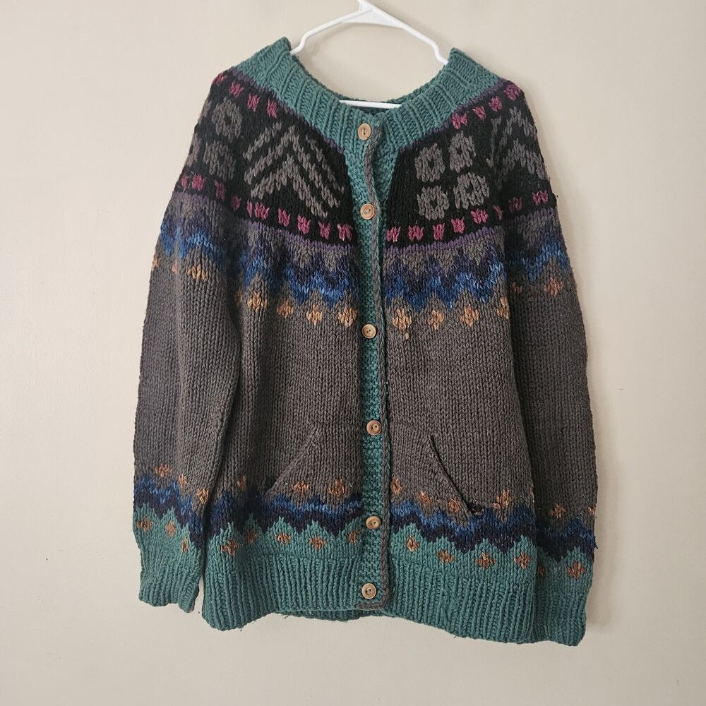 VINTAGE Bolivian HandKnits 100% Lambswool Sweater Jacket Button One Size See Mea